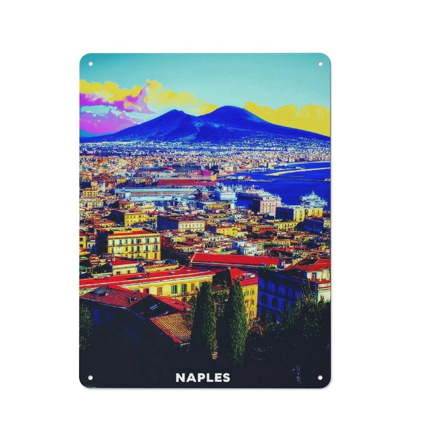 Junmoney Naples Cityscape With Mount Vesuvius Tin Sign 40X30cm With For Café Or Home Bar, Rustic Decor, For Café-Style Decor Fans
