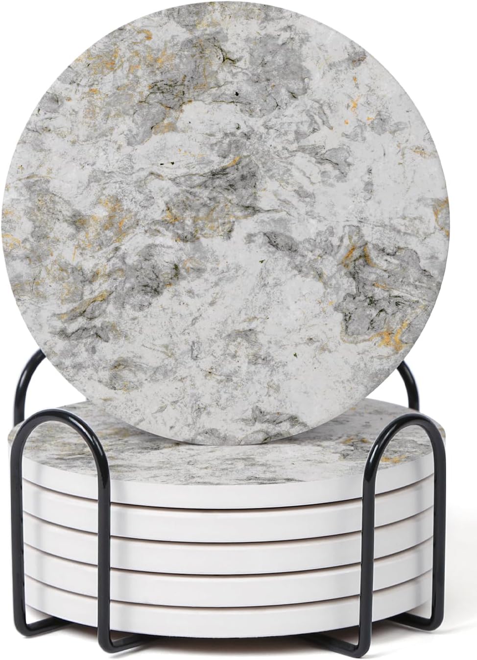 Set of 6 Abstract Onyx Marble Gray Coasters with Holder, Absorbent Ceramic and Cork, Round Drink Coasters for Table Protection