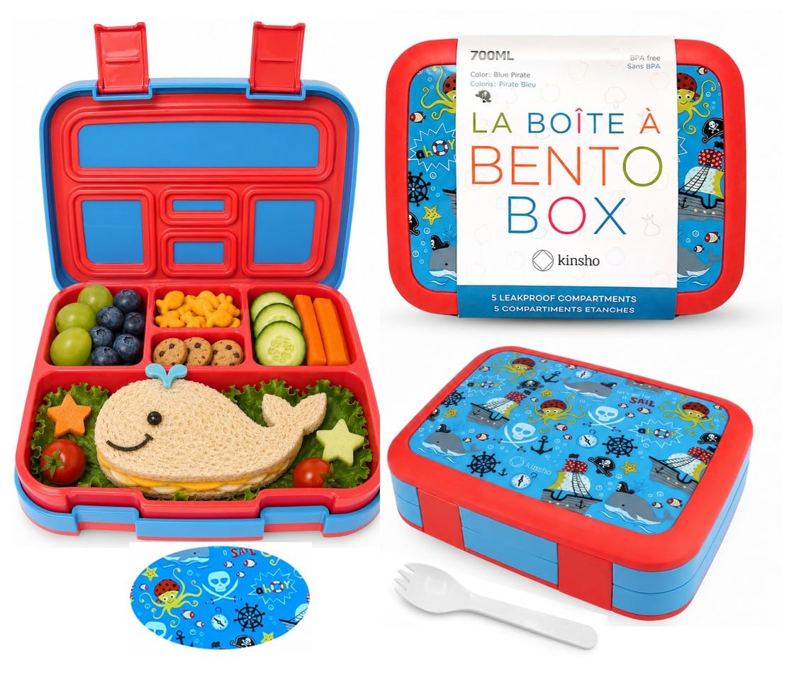 kinsho Bento Lunch Box Container for Kids, Boys Age 3 to 5, Blue Pirates