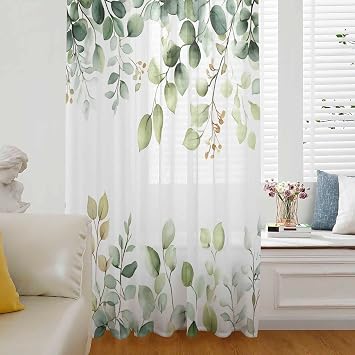 Eucalyptus Sheer Curtains 84 Inch Length, Sage Green Brown Leaf Boho Minimalist White Semi Curtain Sheers for Living Room Bedroom Rod Pocket Kitchen Curtain Drapes Window Voile Curtain Panel
