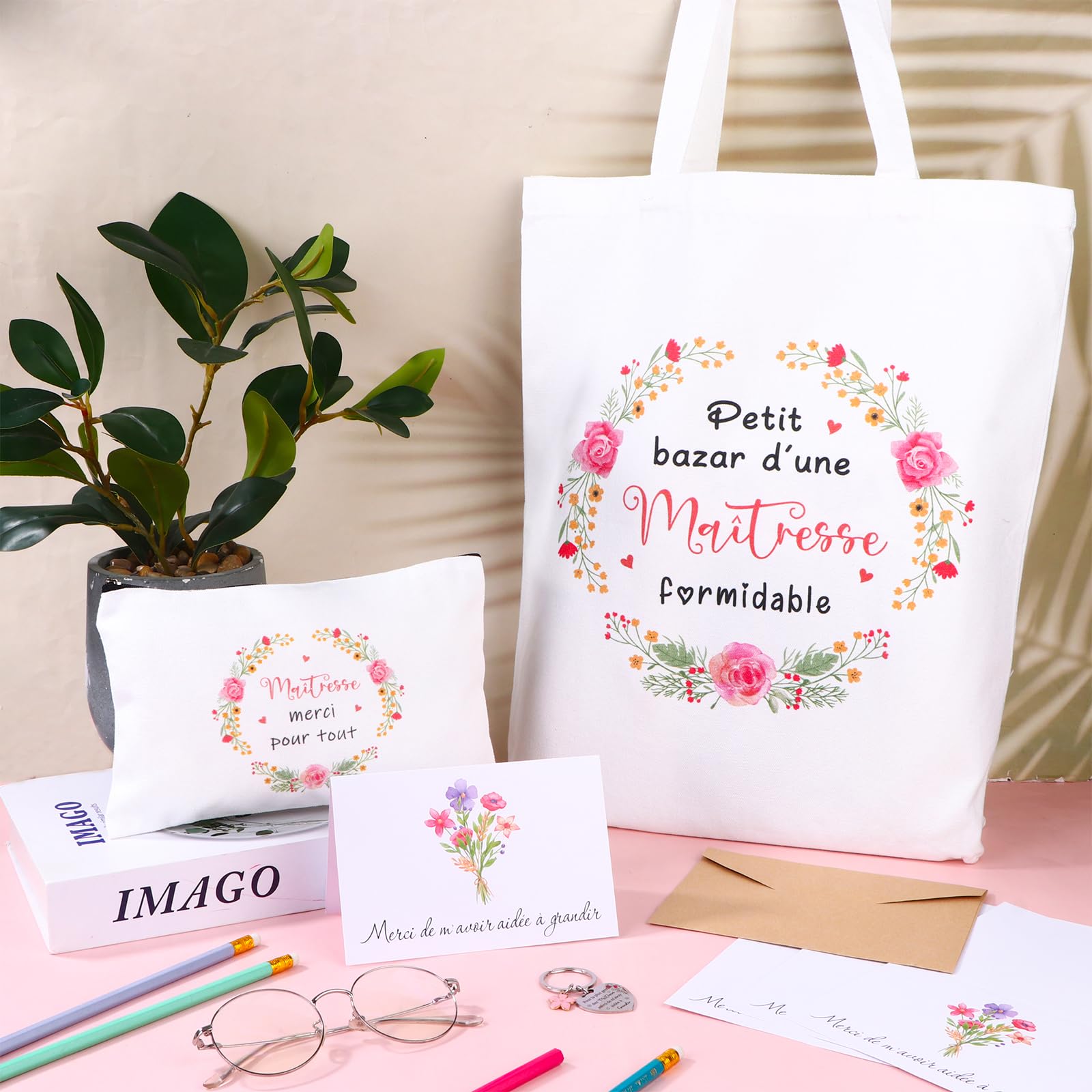 Sac en Coton Trousse de Toilette Porte-clés Carte de Vœux Set 4 Pièces Cadeau pour Maitresse Institutrice ATSEM AESH Fin d'Année