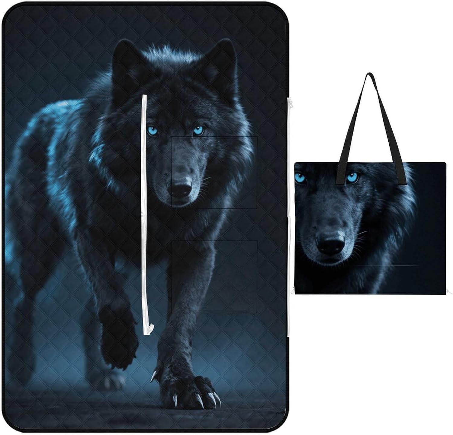 Cool Cyan Black Wolf Picnic Blanket 150x100cm, Foldable 2-in-1 Picnic Mat and Tote Bag Portable Waterproof Beach Mat Sandproof Outdoor Blanket for Park, Hiking, Beach, Camping, Travel