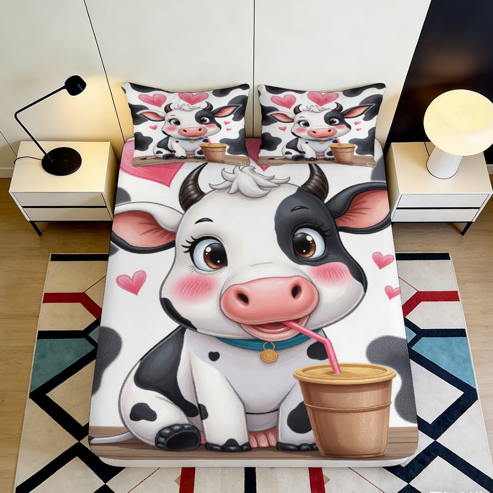 3D Printed Cute Cartoon Cow Fitted Sheet Microfiber Soft Breathable Heart Pattern Bed Cover for Bedroom Dormitory Guest Room Mattress Protection 90x200x25cm