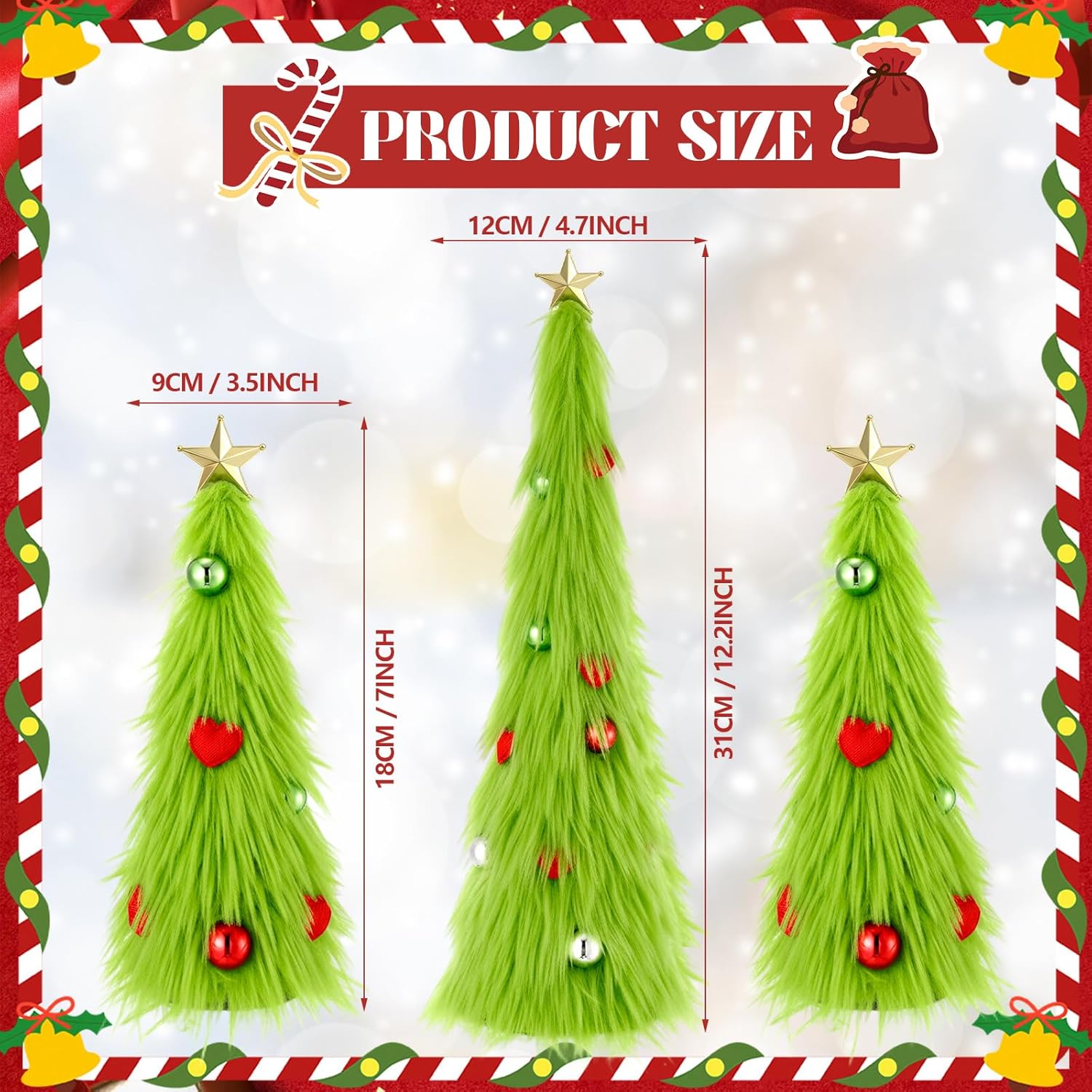 Soulchen 3 Pcs Lime Green Furry Christmas Trees Decor 12" 7" Xmas Tree with Plush Fur Surface Tabletop Decoration Fuzzy Elf Faux Fur Centerpiece for Christmas Living Room Home Kitchen Tabletop Decor