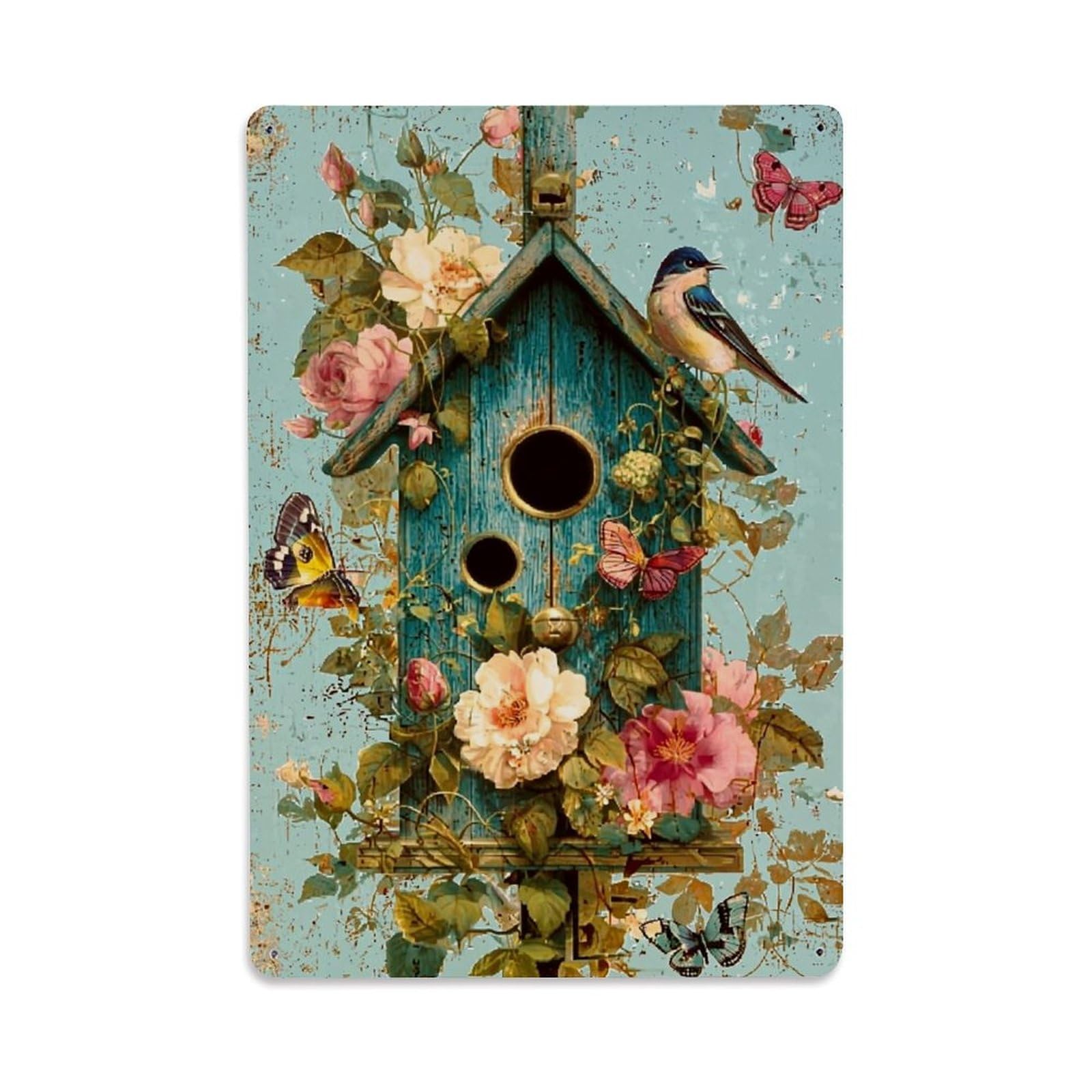 Birdhouse Floral Butterflies Garden Art Retro Metal Tin Sign, Vintage Decor Art Poster for Bar, Home, Man Cave, Kitchen, Laundry Room Gift 8x12Inch