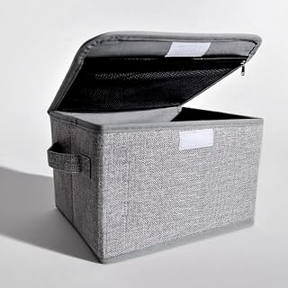 Small Storage Box, Storage Basket with Lid, Foldable Cotton Linen Fabric Keepsake Box, Organizer Container with Zipper for Decorative, Medicine, Greeting Card Organizer.(Gray)