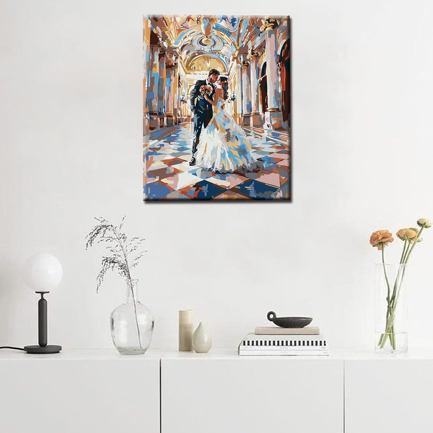 Tucocoo Newlyweds Couple in Wedding Palace Paint by Numbers Kits with Brushes Romantic Love Acrylic Oil Painting for Adults Bride in Fashion Dresses Pictures Arts Craft Nordics Home Decor(DIY Frame)