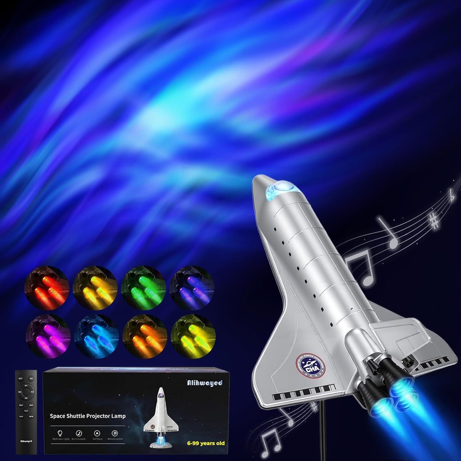 Space Shuttle Galaxy Projector Lights, Dynamic Nebula Night Light with Colorful Tail Jet Flame & Multiple Scene Music Effects, Metallic Texture for Bedroom, Birthday for Kids and Adults