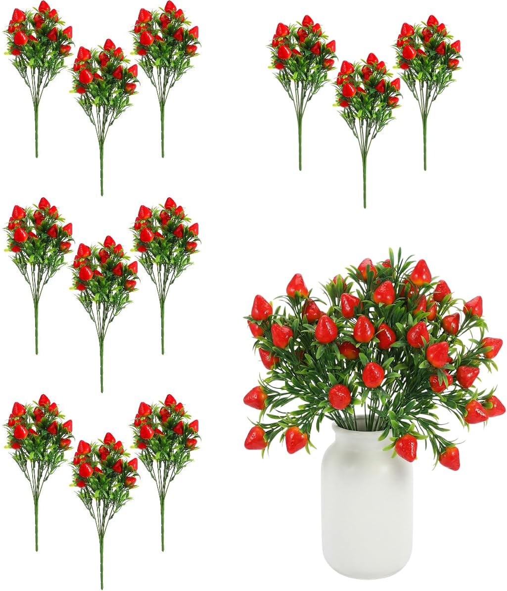 DOITOOL Artificial Strawberry Stems, 12 PCS Faux Strawberry Branches, Red Lifelike Plant Pick Branches for Vase DIY Wreath Party, Summer Home Kitchen Decor, Fake Floral Bouquet Centerpieces