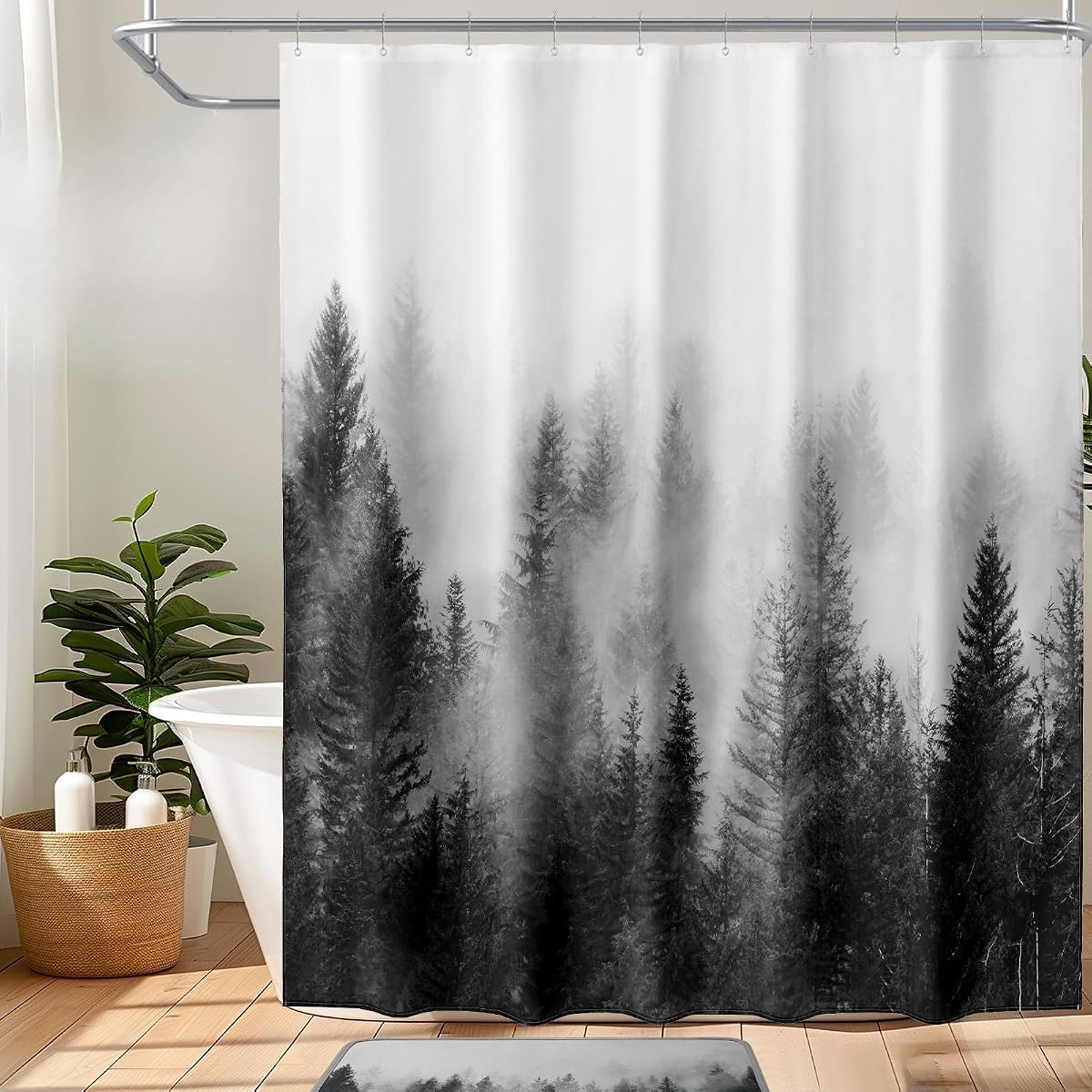 ORTIGIA Cortina de ducha de bosque brumoso en blanco y negro para baño, juego de cortinas de bosque natural con ganchos, decoración de baño mágica de niebla de pino decorativa para el hogar, 72 x 72