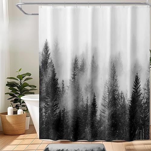 ORTIGIA Cortina de ducha de bosque brumoso blanco y negro para baño, juego de cortinas de bosque natural con ganchos, decoración decorativa de pino