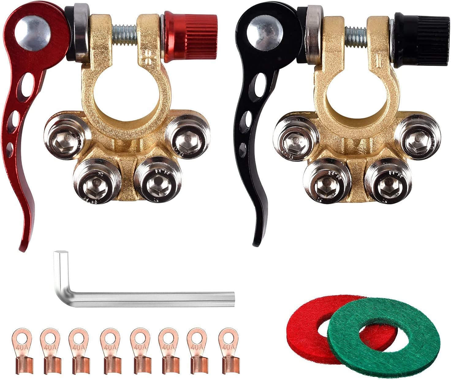 SUNMORN Battery Terminals, Versatile Sturdy Multiple Battery Terminal Connectors, Heavy Duty Battery Terminal Replacement, with Allen Wrench, Washers, 8 Pcs Ring Terminals (Gold) (Gold) : Automotive