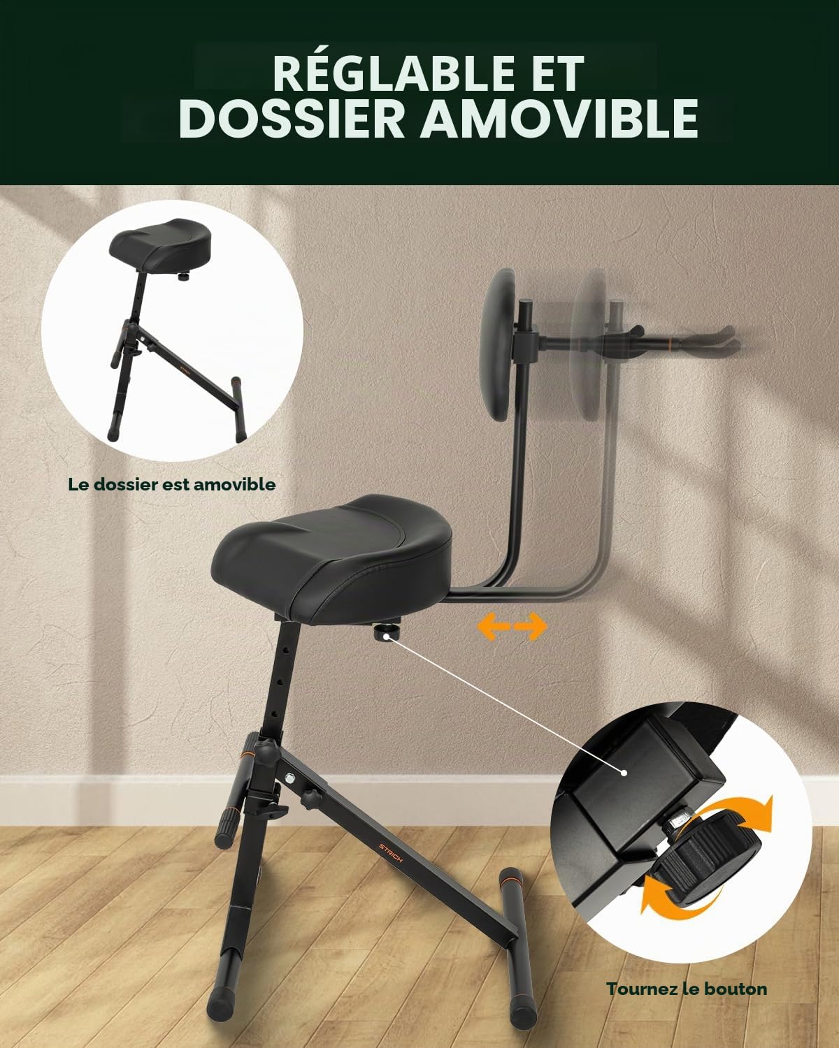 Strich SGT-40 Tabouret de Guitare avec Dossier, siège réglable en Hauteur avec Crochet de Suspension pour Basse électrique Acoustique, Tabouret de Batterie pour Adultes, batteurs et guitaristes