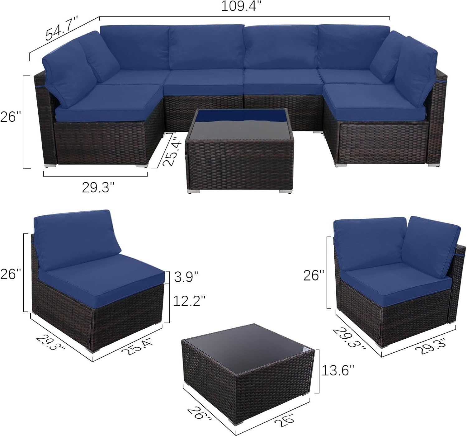 LAFWELL 7 Pieces Outdoor Patio Furniture Sets,Rattan Conversation Sectional Set,Manual Weaving Wicker Patio Sofa with Tea Table