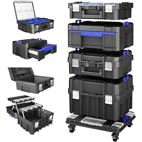 4 Tier Stackable Rolling Tool Box with Wheels | Modular Tool Organizer Box Storage System | Portable Tool Box with Drawers | Tough and Durable | For Garage Storage | Home Repairs | Professional Work