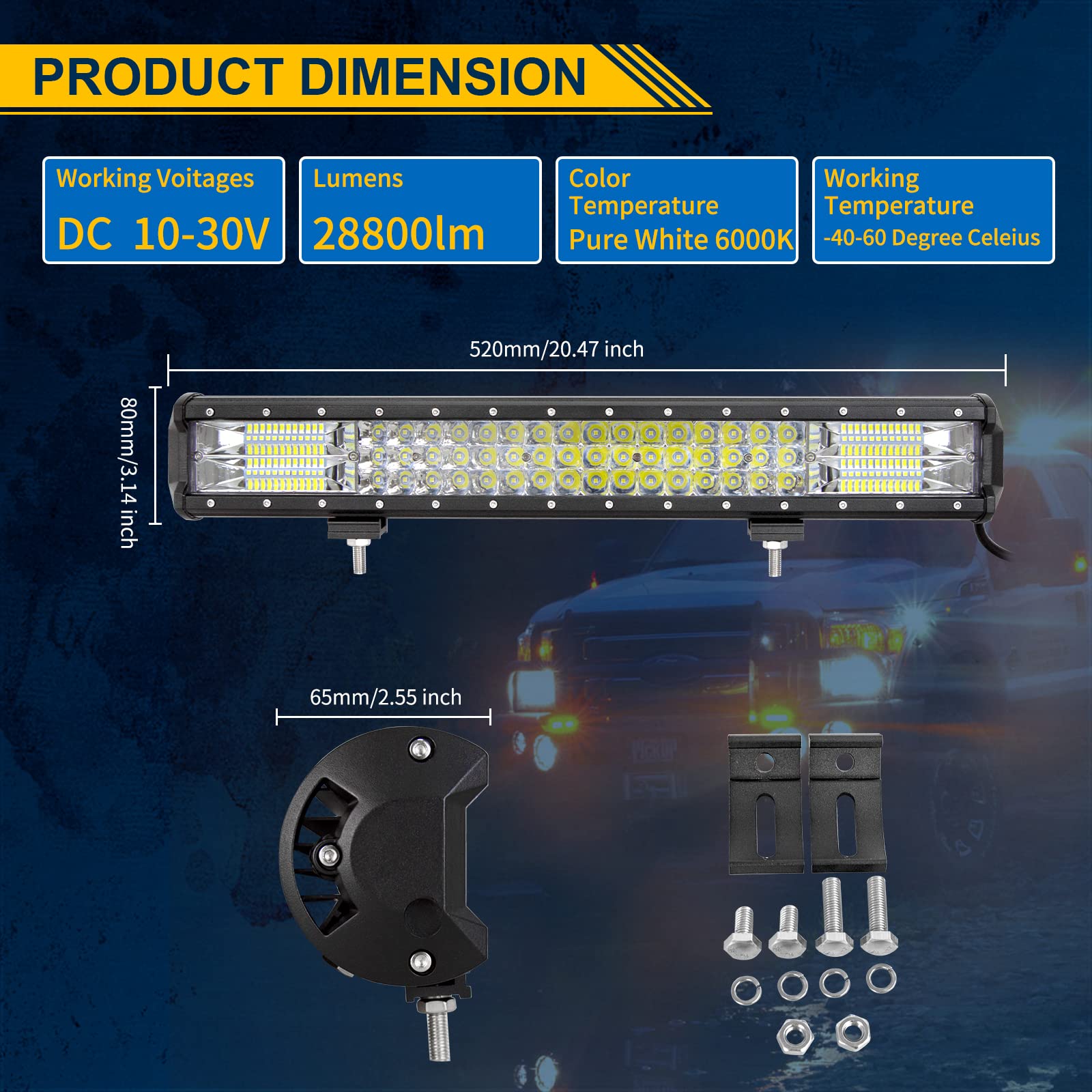 RIGIDON 51 cm 288 W Led Bar 4x4 z zestawem okablowania 12V, rampa robocza LED Light Bar, listwa oświetleniowa led do pojazdów offroad samochodów ciężarowych traktor, światło przeciwmgielne 6000 K