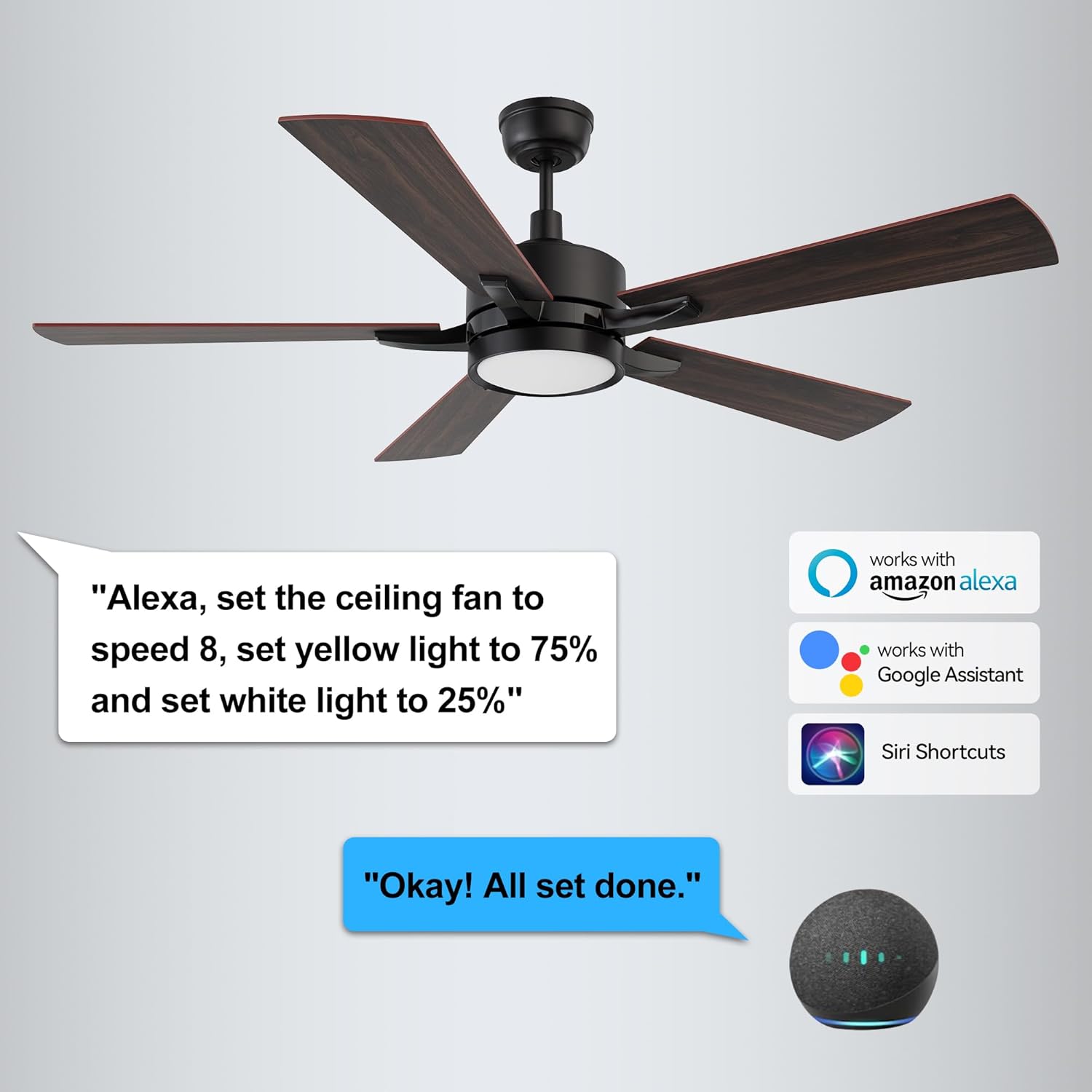 CEME 52" Ceiling Fan with Light and Remote, 10 Speeds Reversible DC Motor Outdoor Ceiling Fan, 3 Light Colors Dimmable, Compatible with Alexa, Siri & Google Home, Dark Walnut & Reddish brown