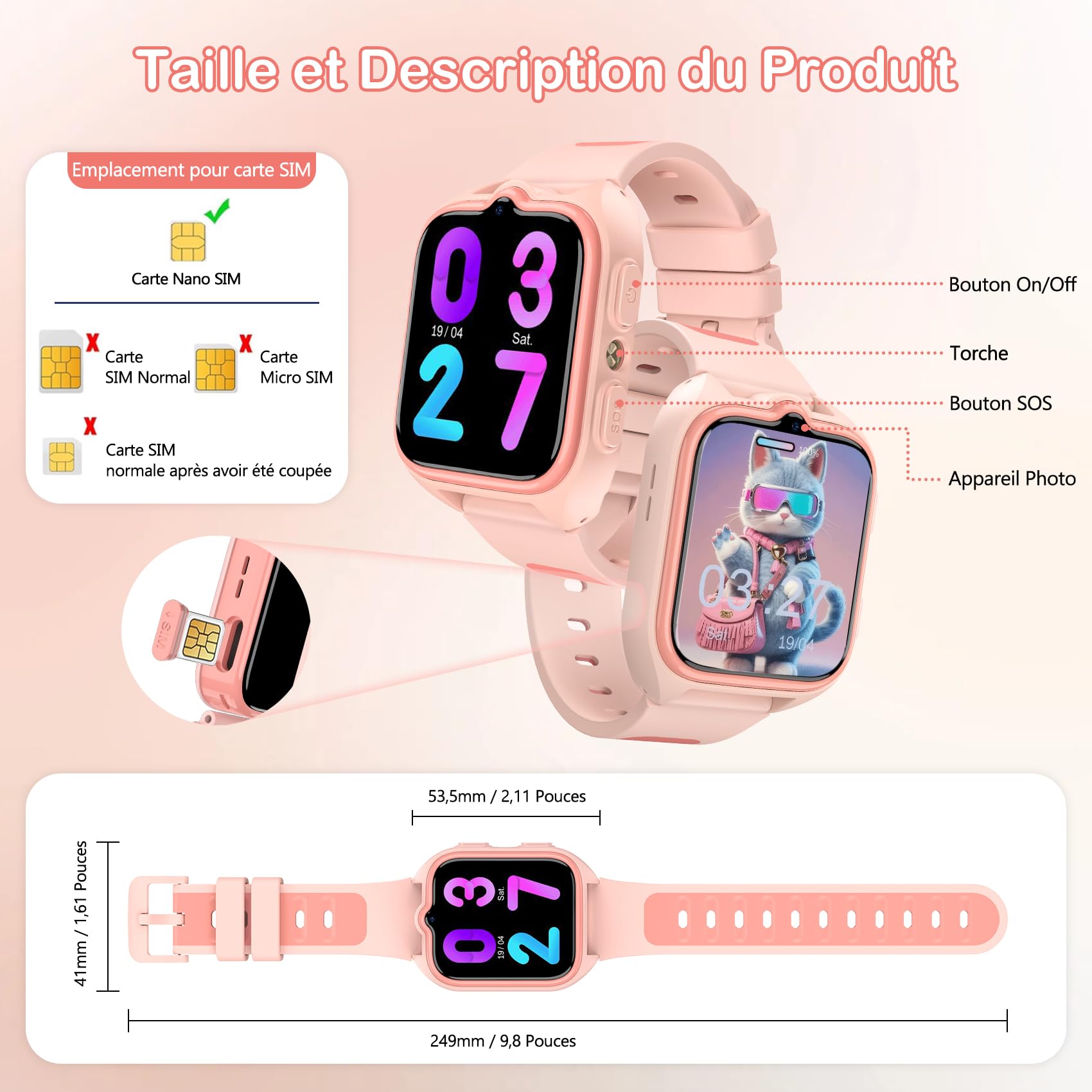 IOWODO Montre Connectée 4G pour Enfants GPS, Appels Vidéo, SOS, Lampe Torche LED, Mode Classe, Jeux, Appareil Photo, étanche IP68, Cadeau et Jouet pour Filles et Garçons