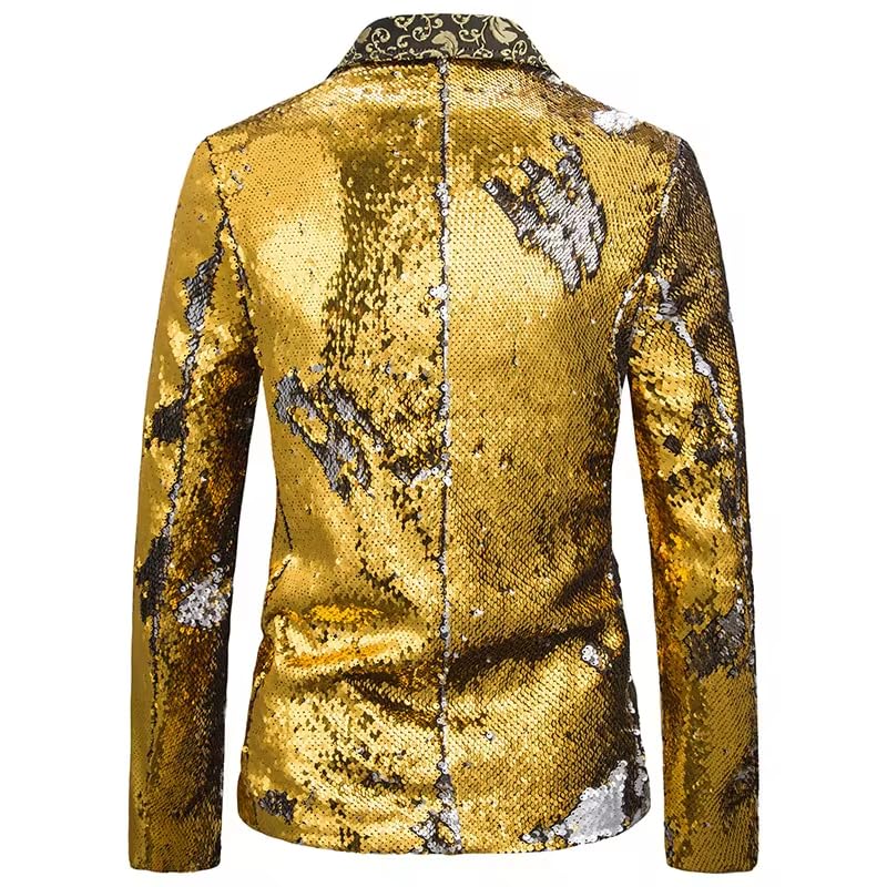 Men Two-Colour Sequin Suit Stage Performance Jacket Nightclub Bar DJ Singer Host Jacquard Spliced Blazer Coats2