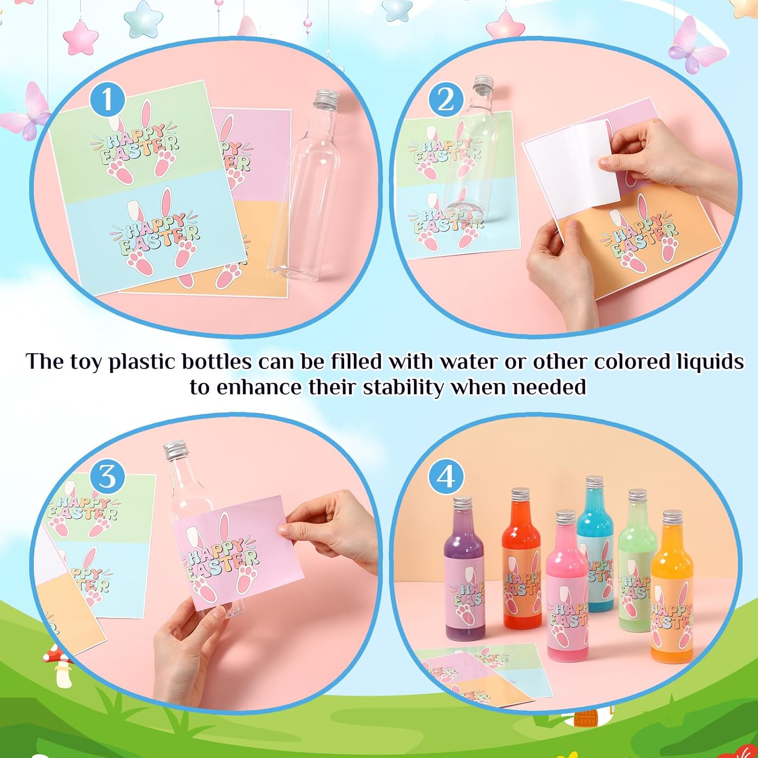 Leitee 56 Pcs Easter Ring Game Toss Happy Easter Day Plastic Bottle Labels Bean Bag Backyard with Mixed Color Rings Hoops for Adults Family Outside Sport Party