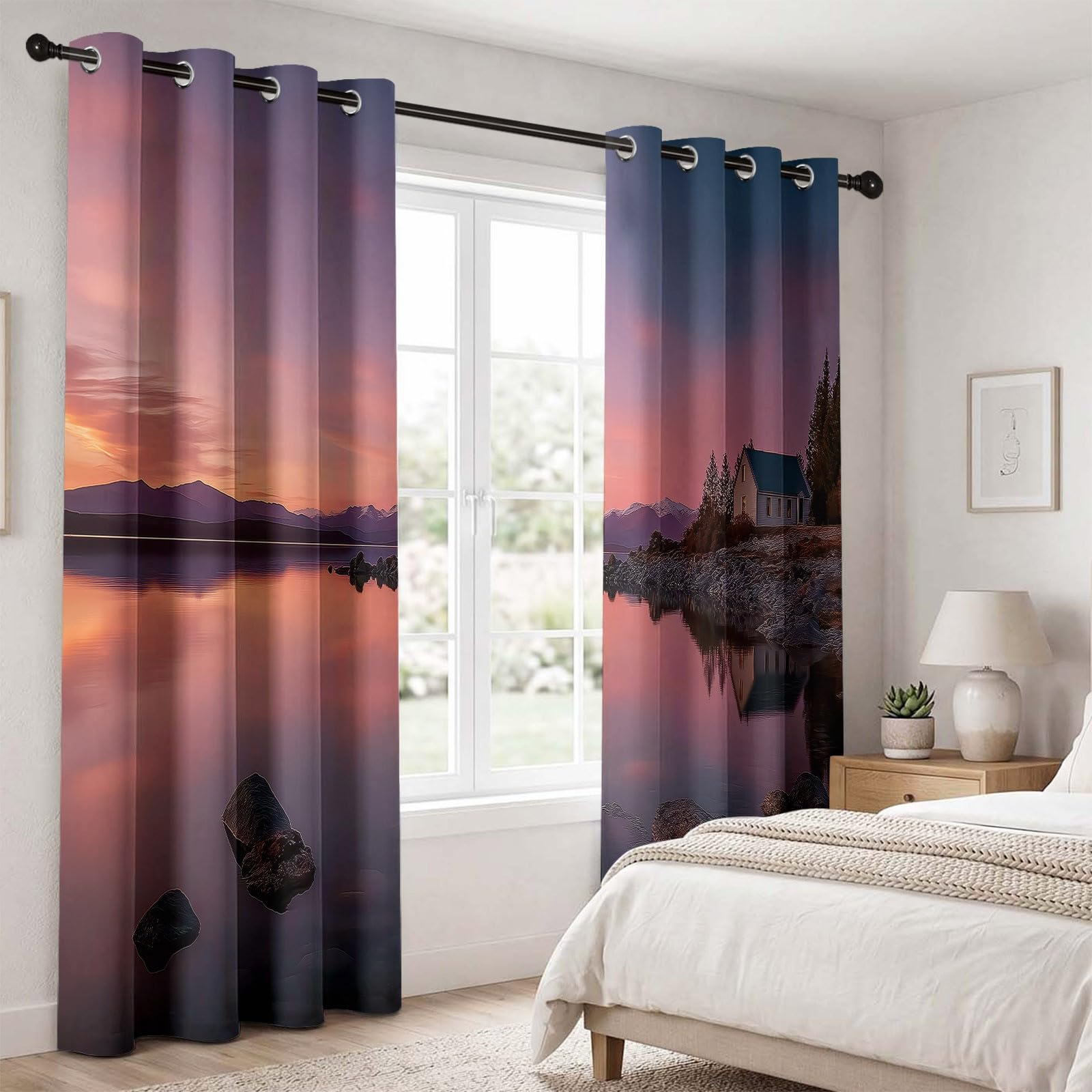 Verdunkelungsvorhänge Kinderzimmer & Schlafzimmer, 2er Pack blickdichte Thermovorhänge mit Modern Kunst Abenddämmerung, Rosa Ösenvorhang Mehrfarbig, B 100 x H 215 cm