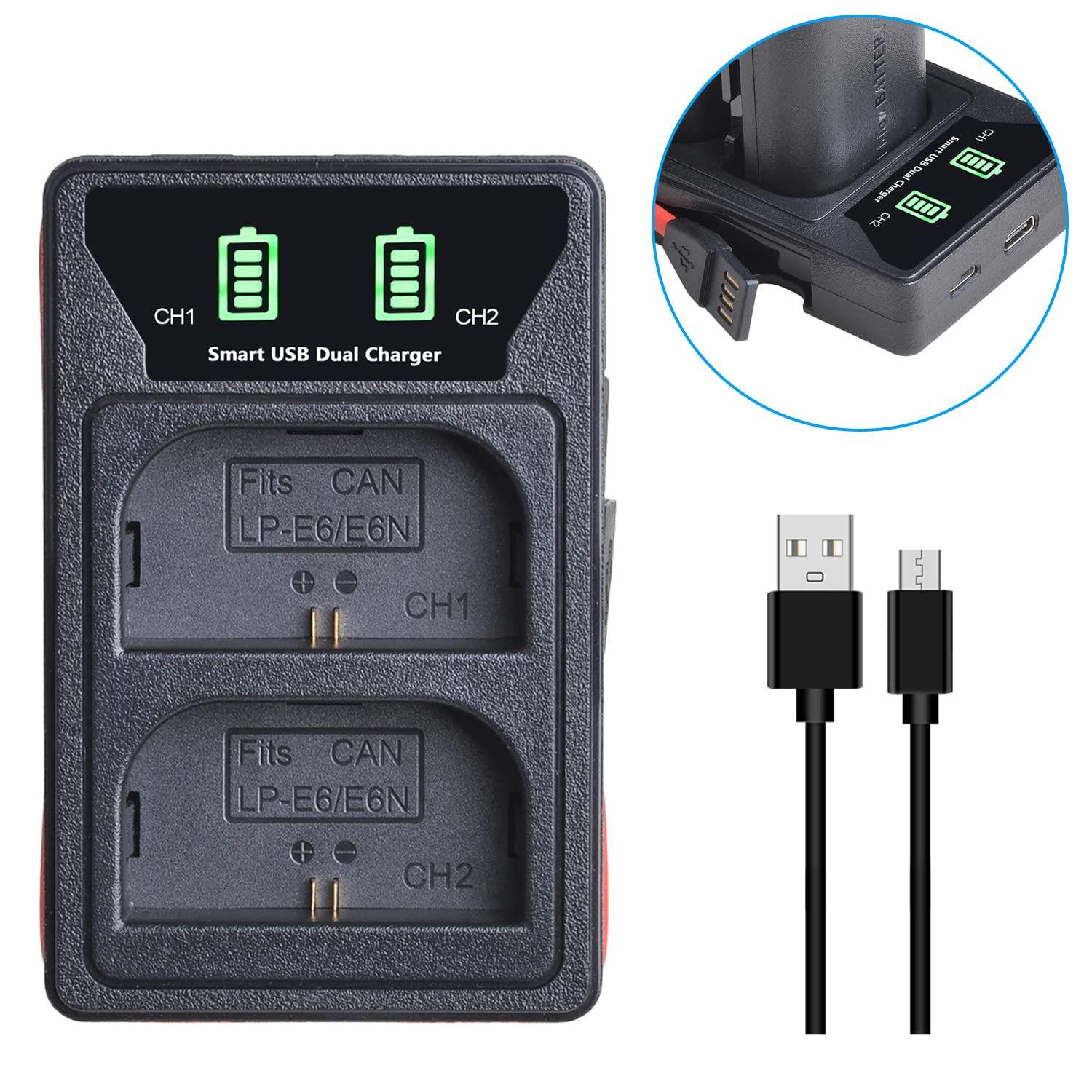 DuraPro Lot de 2 batteries LP-E6 + Chargeur USB intégré avec LED et port Type C pour Canon LP-E6, LP-E6N et Canon EOS 5D Mark II/III, 5DS, 5DS R, 6D, 7D, 70D, 80D, XC10, appareils photo Blackmagic 4K