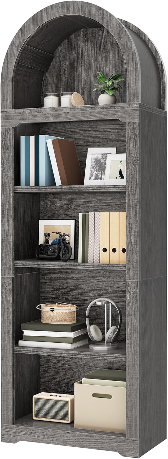 YITAHOME Arched Bookshelf, 68.5" Tall Bookcase, 5-Tier Arched Bookcase with Storage, Open Display Rack with Adjustable Shelves for Living Room and Home Office, Charcoal Gray