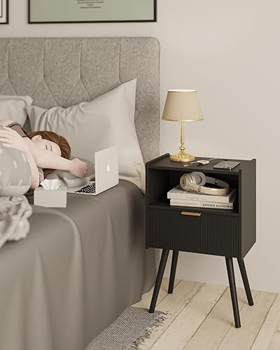 Miniatura 3 de Mesita de noche negra, moderna mesita de noche con cajón de almacenamiento y estante de madera abierta, para sala de estar, dormitorio y espacios