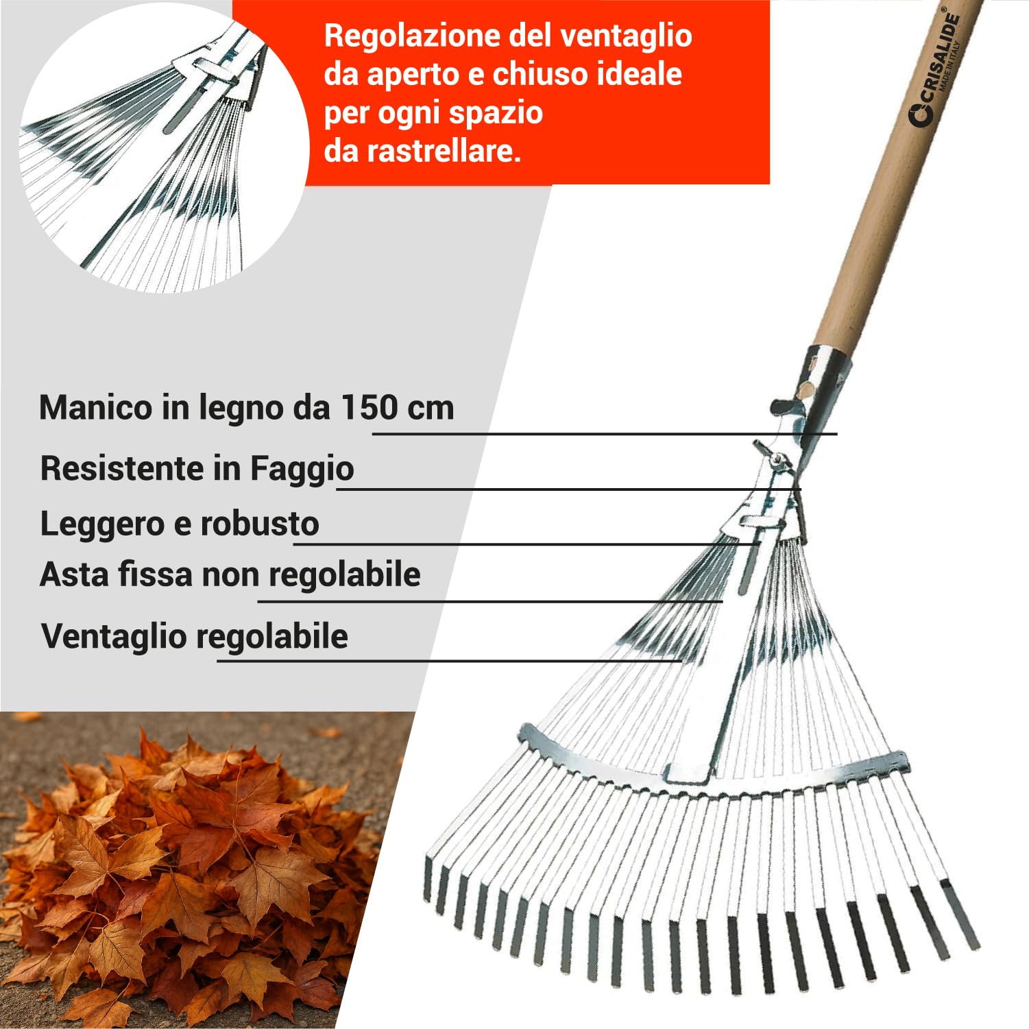 Crisalide®- Rastrello REGOLABILE + MANICO 150cm (faggio), Regolabile in metallo 22 denti