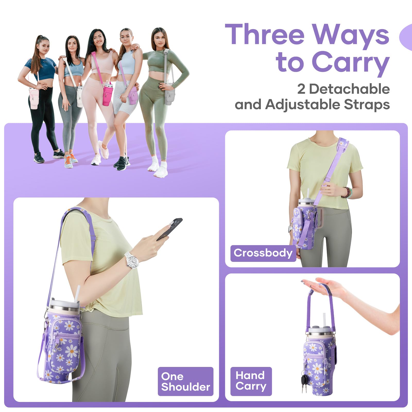 linmaya Water Bottle Carrier Bag with Phone Pocket for Stanley Cup 40/30oz,Insulated Neoprene Water Bottle Holder Cross-body Carrier Bag with Adjustable Shoulder & Handheld Strap (Purple Daisy, 40oz)