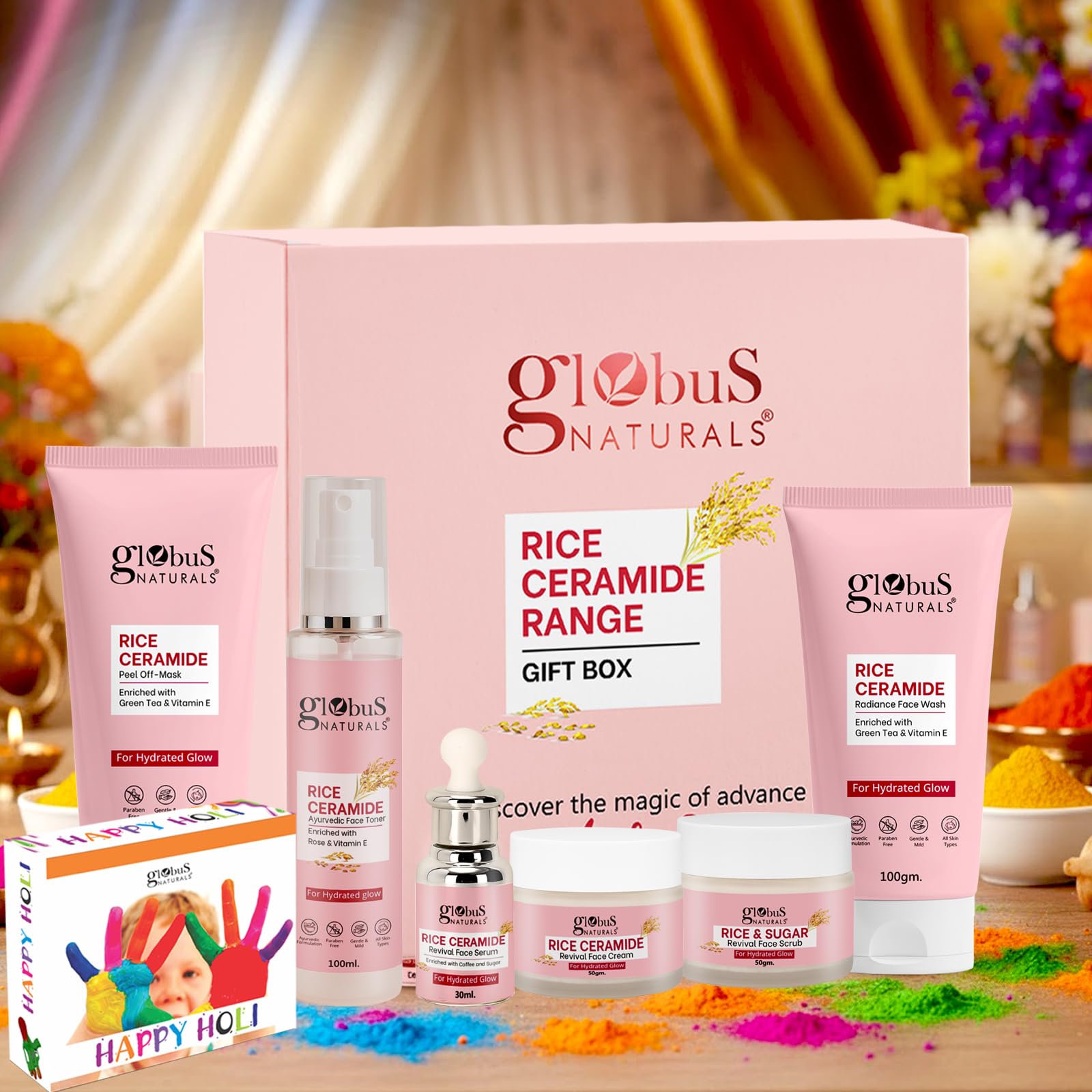 Globus Naturals Rice Ceramide Holi Festive Radiance Box – Korean Glass Skin Routine | Glow, Hydration & Barrier Care | Festive Skincare Gift Set of 8