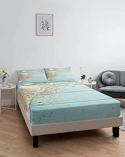 Miniatura 6 de Twin XL Fitted Sheets - Deep Pocket Mattress Cover up to 16inch,Seashell Starfish and Beach Sand Soft Luxury Single Bed Sheet Set with Mint Green