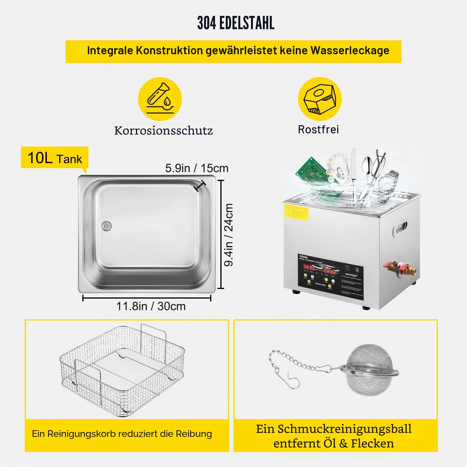 VEVOR 10 L verbesserter Ultraschallreiniger (400 W Heizung, 240 W Ultraschall) Professioneller digitaler Labor-Ultraschallreiniger mit Heizungstimer für die Reinigung von Teilen und Instrumenten
