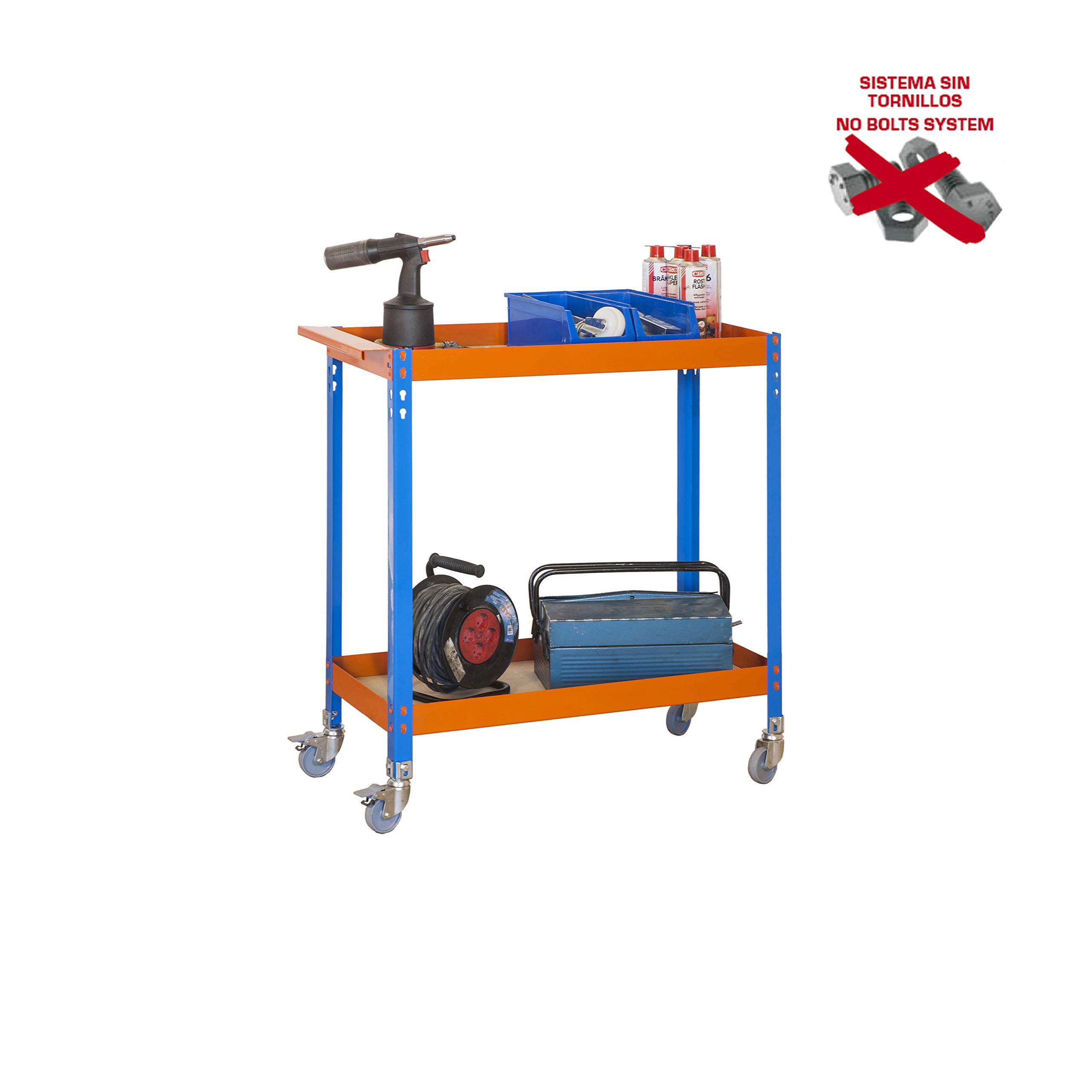 Simon Rack Carro Herramentas Taller, Banco Trabajo, Capacidad Carga 75 kg, 1030x900x400 mm, Azul/Naranja/Madera - WAGON