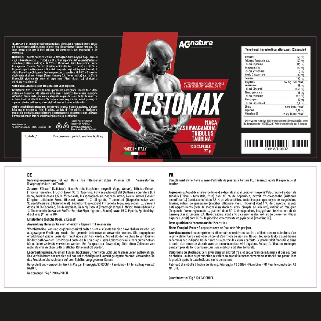 AG nature Testosterone Homme Fort pour Musculation 120 Pilule | Complément Alimentaire Puissant avec Tribulus Terrestris Maca Ginseng Gingembre Zinc