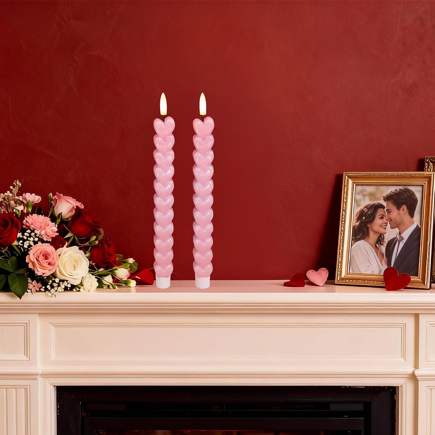 LUSHARBOR Flameless Taper Candles, 2 Pack Battery Operated LED Candles with Remote & Timer, Valentine's Day Flameless Heart Candle for Romantic Home Table Mantel Decor Weddings, Pink