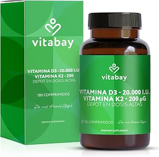 Vitabay Vitamina D3 K2 20.000 UI - Favorece el Sistema Inmune - Huesos | 180 Comprimidos Vitamina D Vegana y Alta Dosificada - Vit D3 K2 con MK-7 Prob