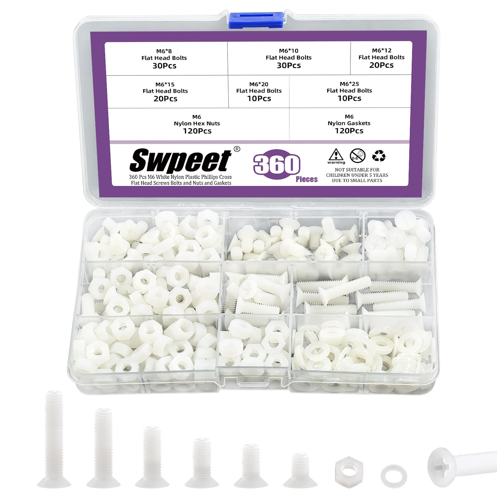 Swpeet 360Pcs 6 Sizes M6 White Nylon Phillips Cross Flat Head Screws with Nuts and Gaskets Assortment Kit, Nylon Countersunk Flat Head Screws,