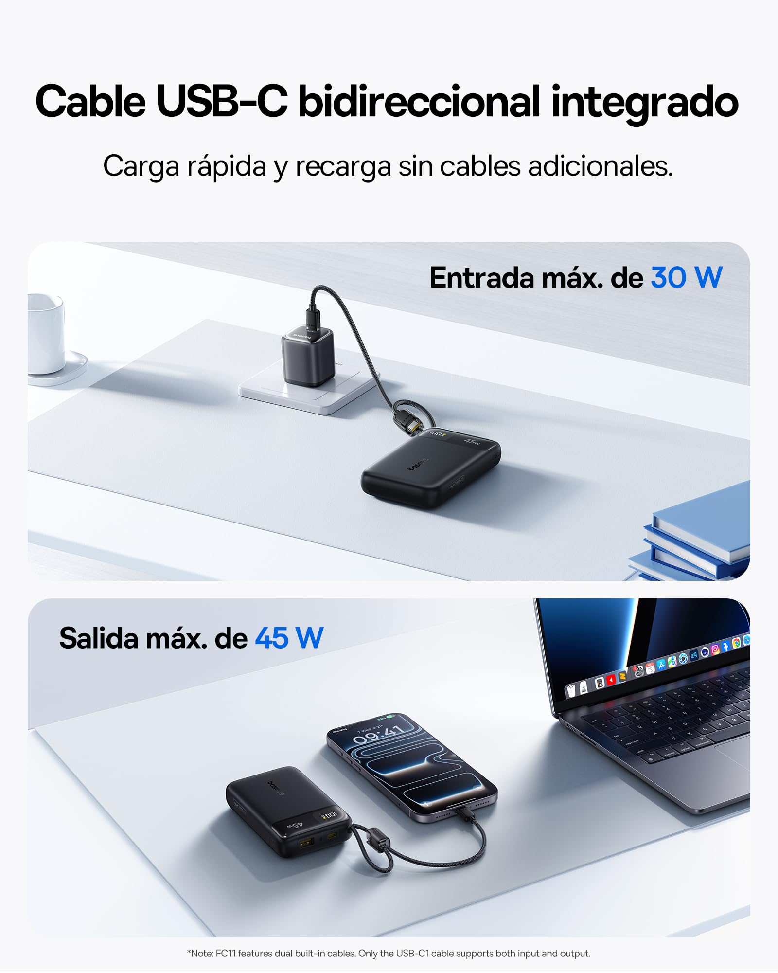 Baseus FC11 Powerbank 45W 20000mAh con 2 Cables USB-C Integrados, Batería Externa Carga Rápida con Certificación CCC, Mini Power Bank para iPhone 17/16/15/14 Pro MAX, iPad, Samsung, Negro