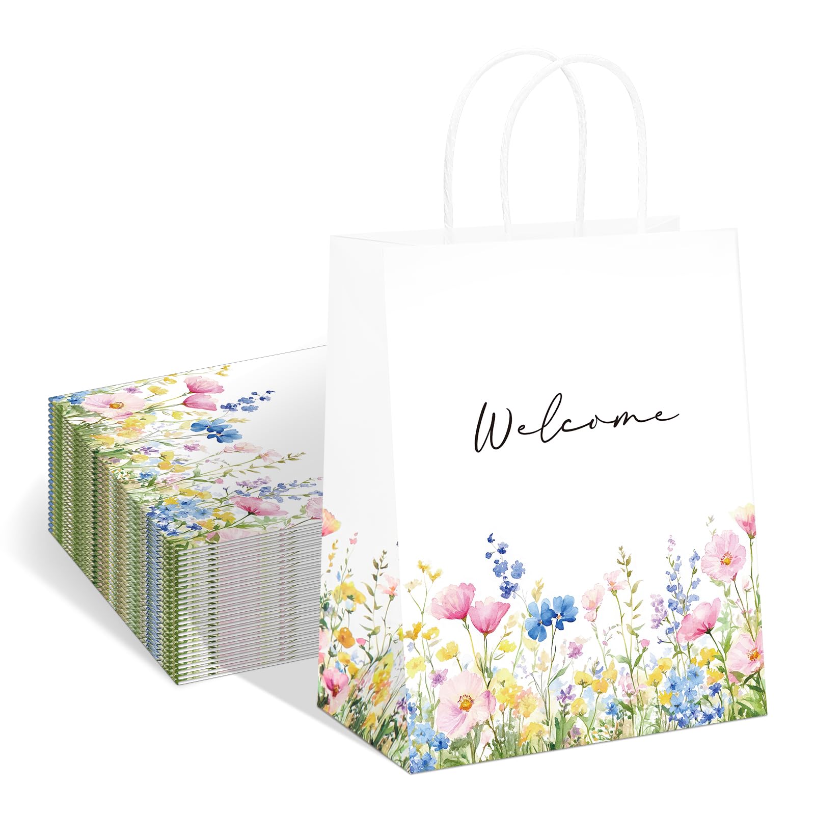 QIELSER Bolsas de bienvenida para invitados de boda a granel, flores silvestres de acuarela, bolsas de regalo de bienvenida con asas, bolsas de papel de compras, buenas para bodas, suministros de