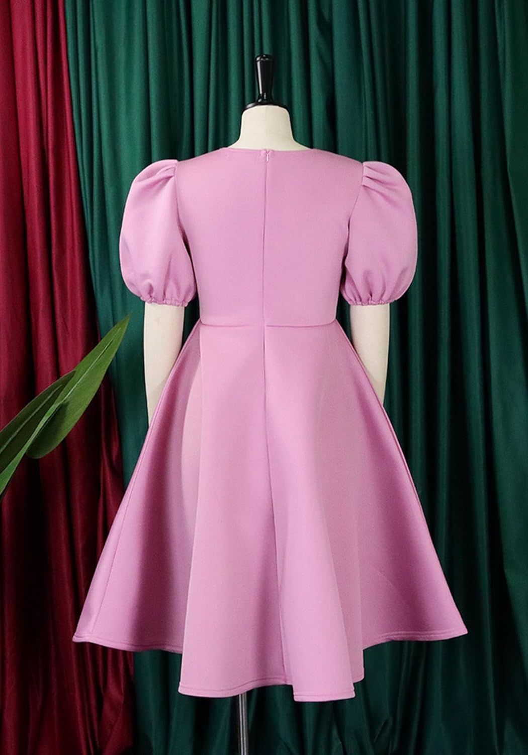 HuiSiFang Womens Elegant Pleated A Line Dress Short Bubble Sleeve Casual High Wasited Flare Midi Dresses - Image 5