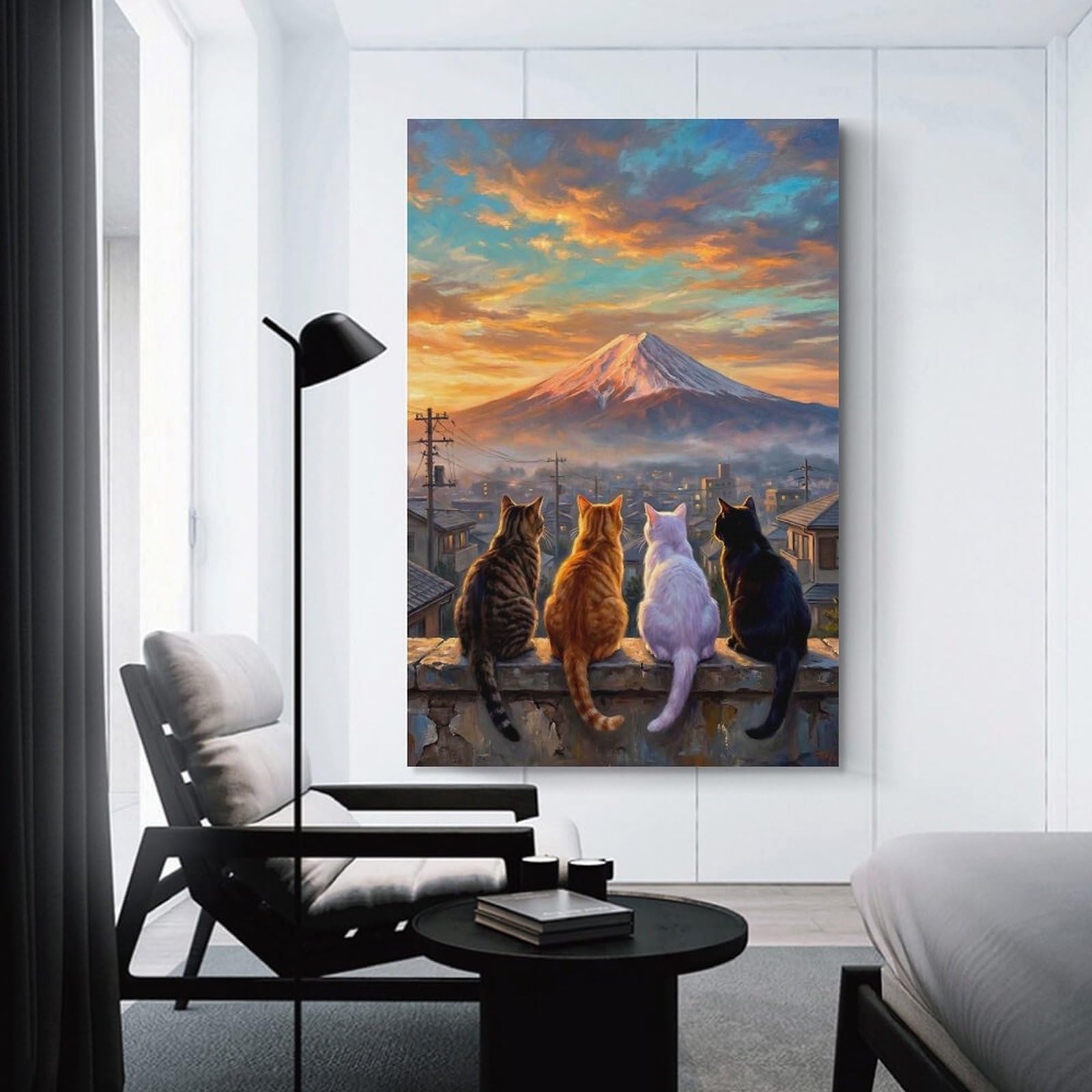 Junmoney Unframe-Style-6-1 Team Cat Looking Sunset Mount Fuji Wall Art Print, 20X30inch(50X75cm), For Corridors, Hallways Or Apartment Entries, Wall Decor To Refresh Empty Corners