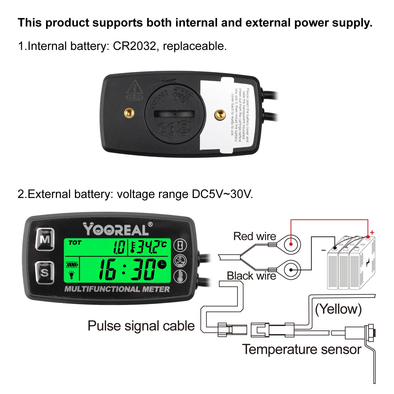 Yooreal Compteur horaire Tachymètre Jauge de température du moteur,Alerte TEMP,Arrêt de l’utilisateur,Sonde de température amovible pour scooter Motoneige Mini vélo Moto Tondeuse à gazon Générateur