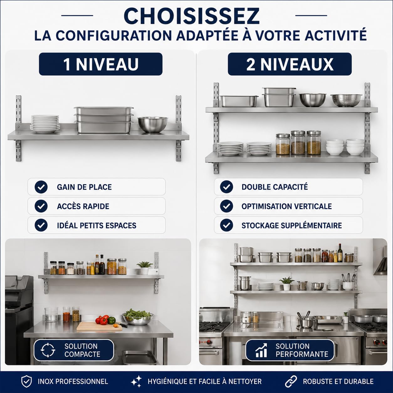 Étagère Murale Inox Professionnelle avec Dosseret 60 x 30 x h35 cm – Rangement Mural Cuisine Professionnelle CHR – Inox Brossé – Restaurant, Boulangerie, Pâtisserie, Laboratoire – 1 Niveau