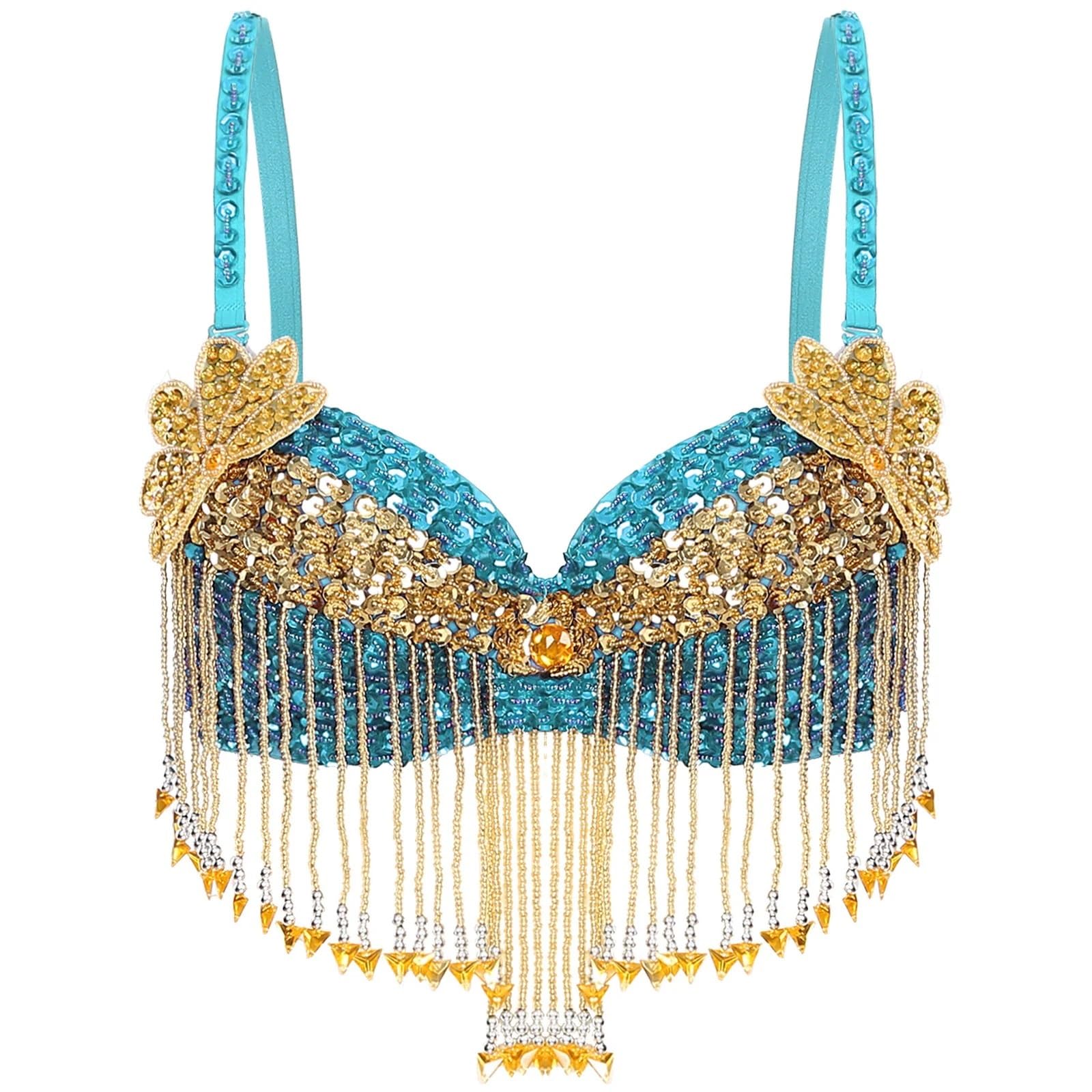 HWJFDC Sequin bra top Womens Sparkly Sequins Belly Dance Tops Music Festival Party Clubwear Beaded Tassels Bra Halloween Stage Performance Costumes(Sky Blue)