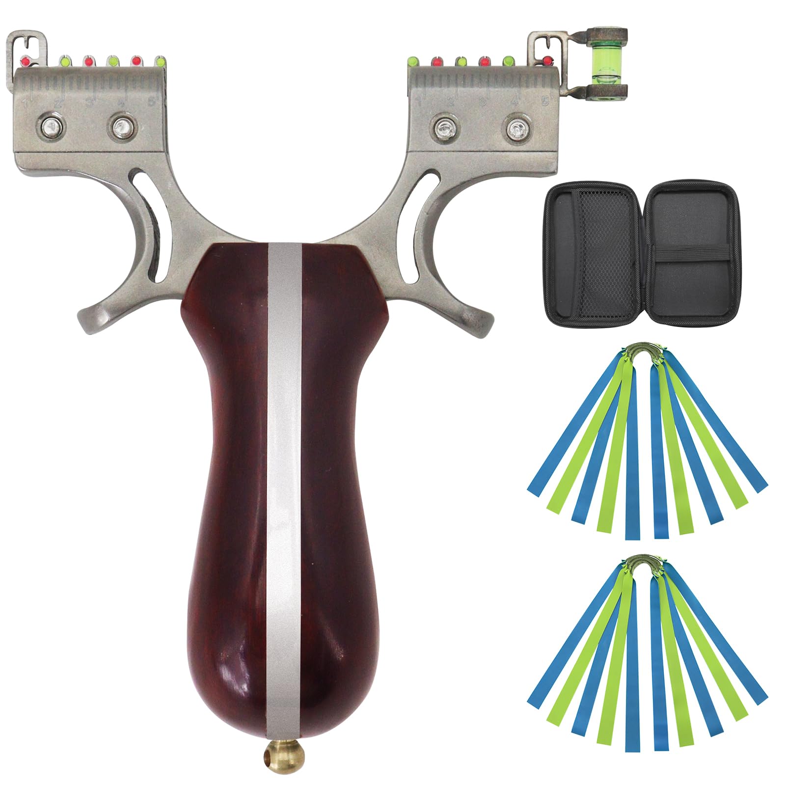 Obert Professional Slingshots for Hunting with 10 Flat Slingshot Bands with 1 Slingshot Bag Stainless Steel Slingshot Wooden Handle Sling Shot with Spirit Level for Adults