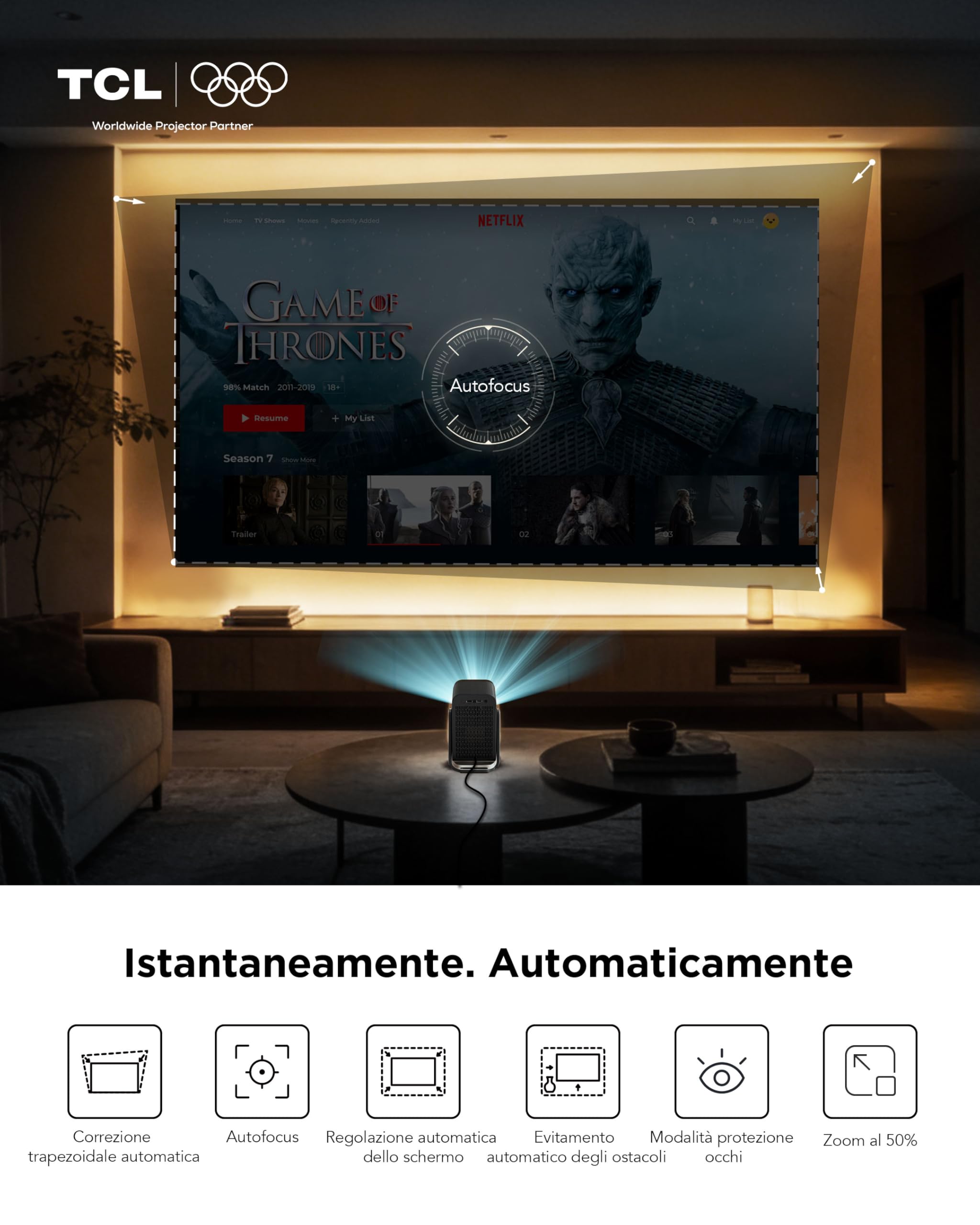 TCL C1 Mini Proiettore Portatile, 4K Supporta, Nativa 1080P, Licenza Netflix Smart Google TV, Con Messa a Fuoco Automatica e Correzione Trapezoidale, Wi-Fi Bluetooth, 8 W Audio Dolby, Rotabile 285°