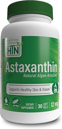 Health Thru Nutrition Astaxantina Triple Strength 12mg 30 cápsulas blandas AstaZine de algas cultivadas orgánicamente en agua prístina del Himalaya