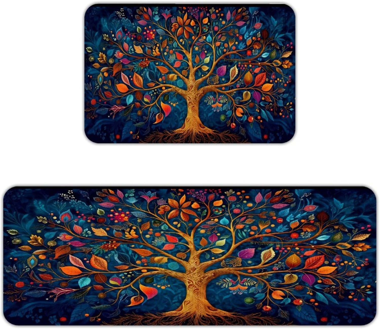 Colorful Tree of Life Kitchen Rugs 2 Piece Set,Non-Slip Absorbent Washable Kitchen Floor Mats,Comfort Standing Mats for Sink Front Home Decor 16x24 & 17x47 Inch