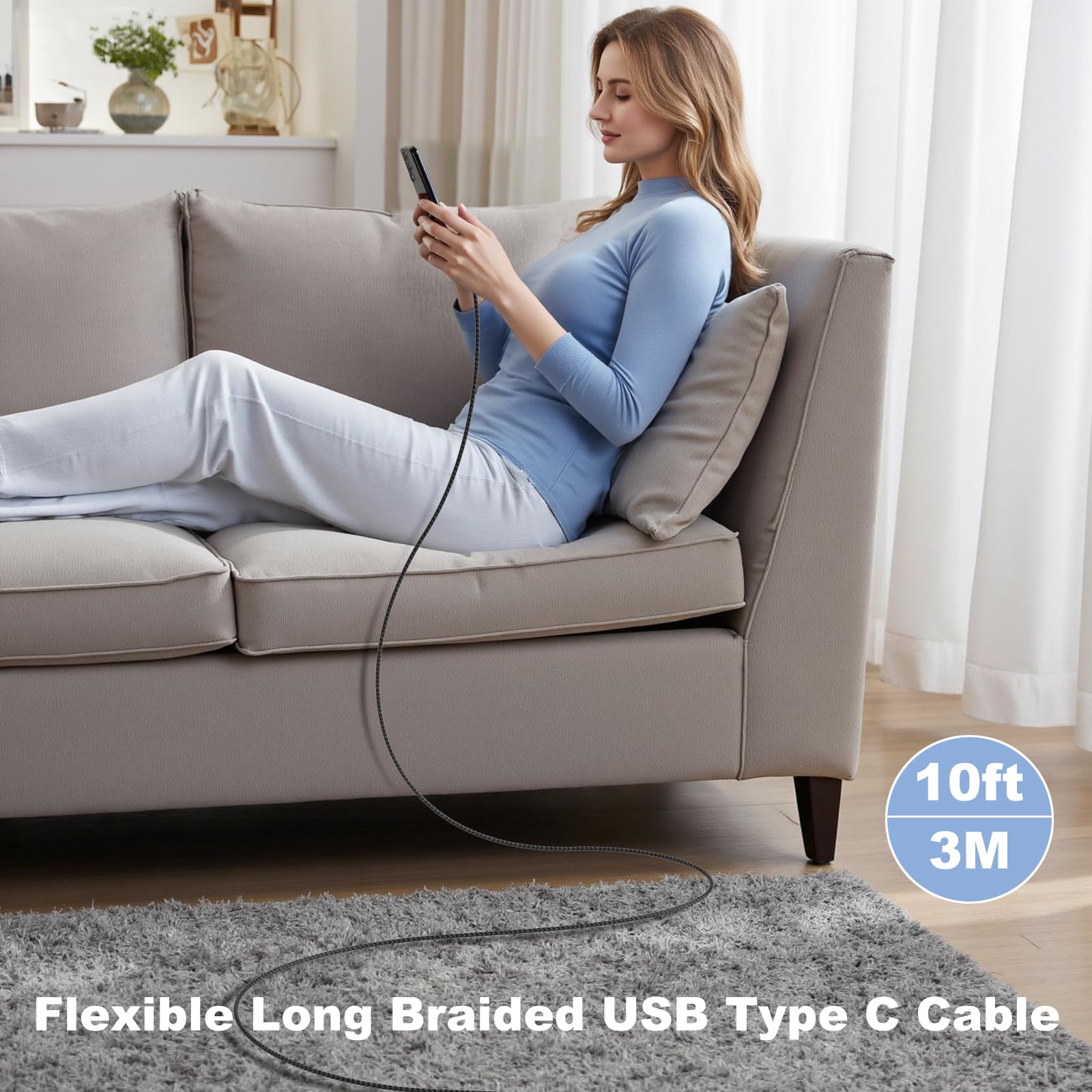 Kabel USB typu C 90 stopni, kąt prosty, długi nylonowy oplot, szybki kabel USB-A na USB-C, kompatybilny z Samsung Galaxy S20, S10, S9, S8, Note 8, LG G8, tabletami, czarny × 2